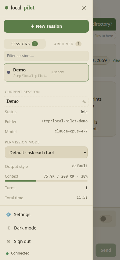 Mobile — session drawer